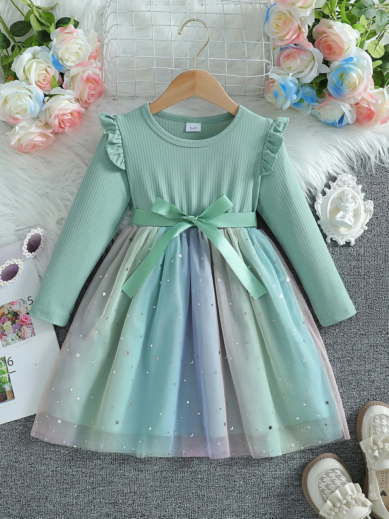 Girl's Long Sleeved Bow Dress 2-8Y Fashion Thin Children's Starry Sky Sequin Mesh Dress Spring Autumn Kid's Clothing