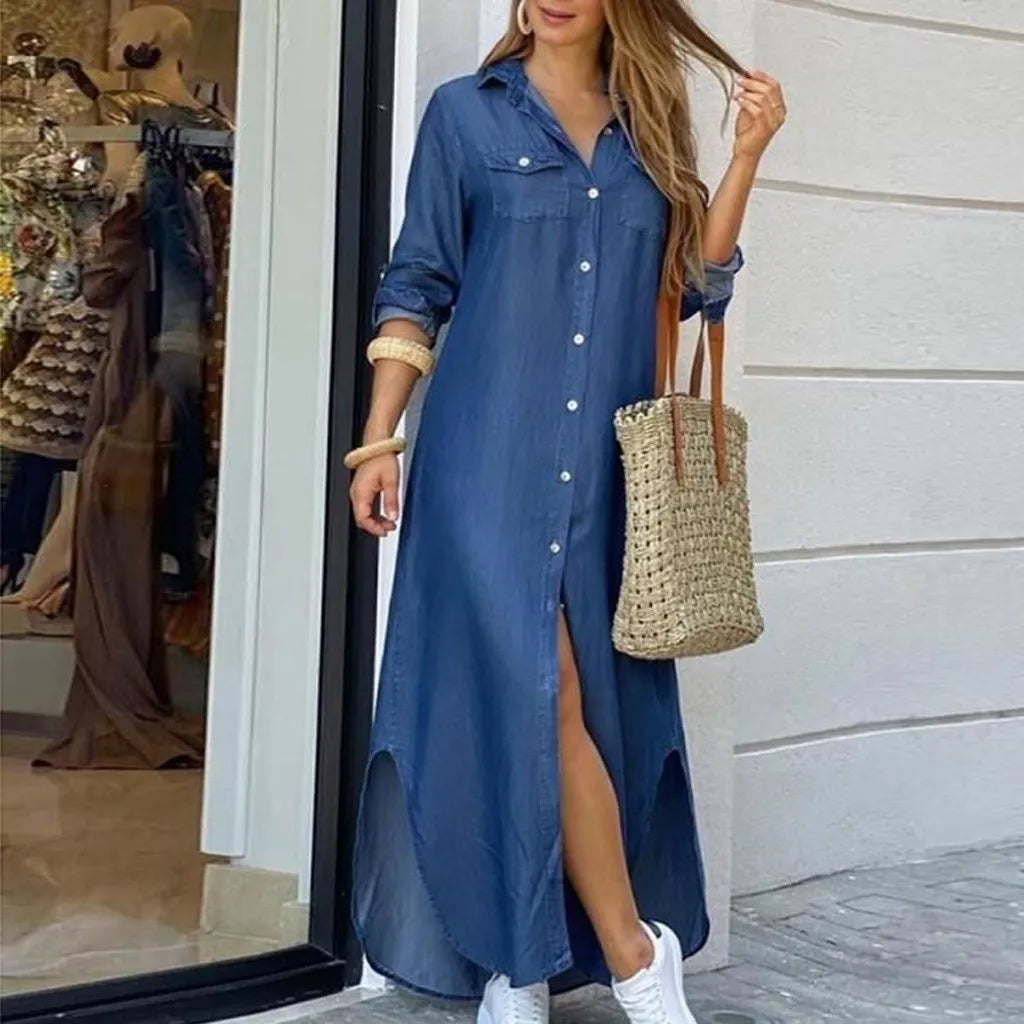New Autumn Long Dress Long Sleeve Shirt Dress Women Denim Long Dresses Pocket Button Shirt Print Dress Casual Loose Dresses 2023