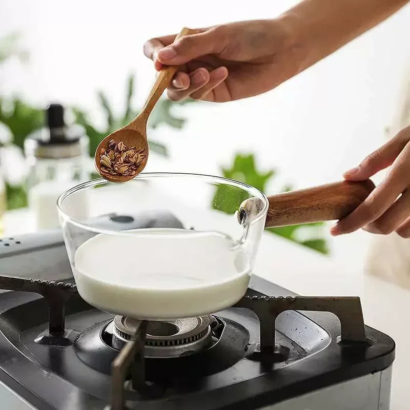 400/600ml Glass Wood Handle Practical Cute Milk Pot Soup Pan Glass Wooden Handle Pot Stable Single Handle Pots Cooking Pot Tools