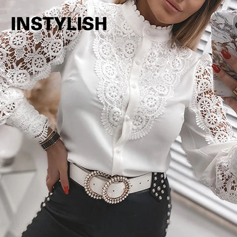 Summer Floral Embroidery Lace Blouse Fashion Women V Neck Casual Shirt Elegant Chic Short Sleeve Hollow Out Tops Elegant Blusas
