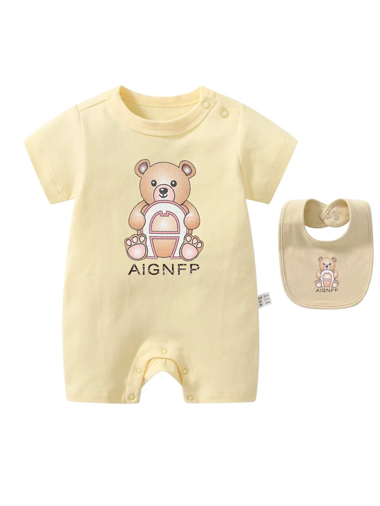 Cute Bear Romper Newborns Clothes 2025 Summer Hot Sale New Toddler Boys Jumpsuit %100 Cotton Soft Bib scarf 2Pcs Set Baby Romper