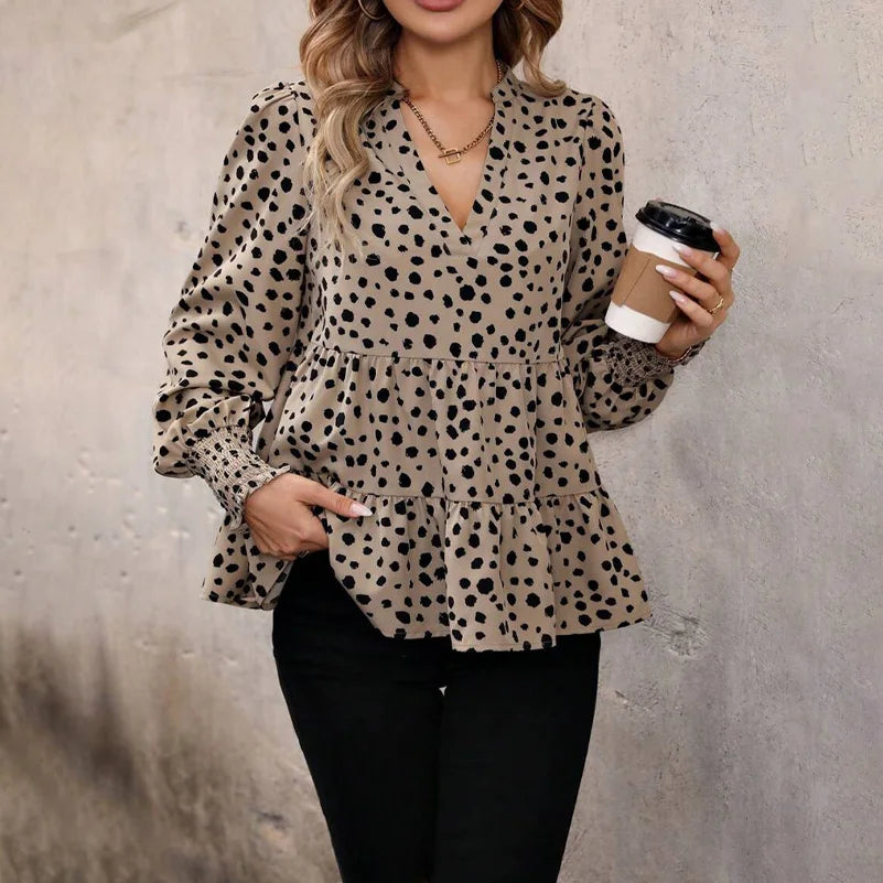 Plus Size Women's Shirt, V-Neck Long Sleeves, Geometric Polka Dot Print, Layered Design Top, Suitable for Work and Casual Wear