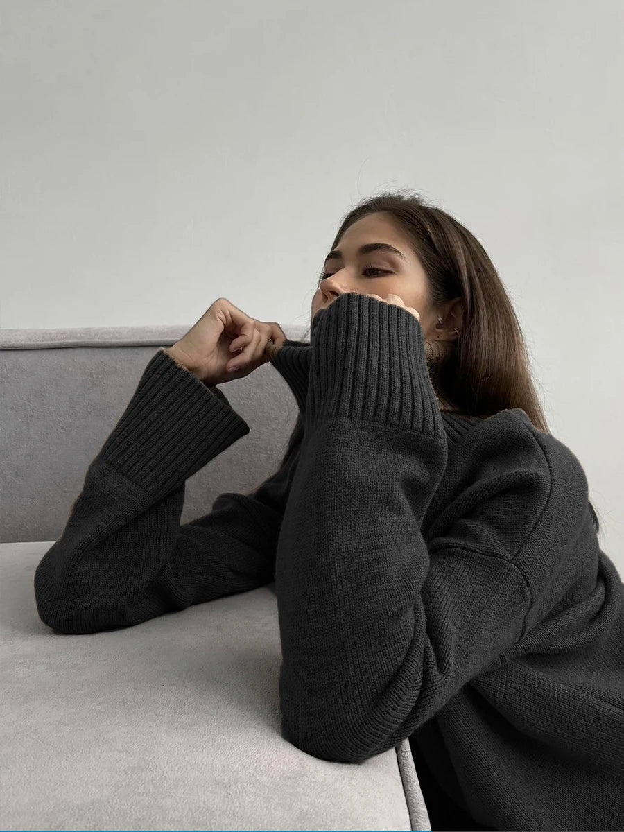 Hirsionsan Chic Turtle Neck Autumn Winter Sweater Women Soft Warm Basic Knitted Split Pullover Loose Casual Female Jumper 2024