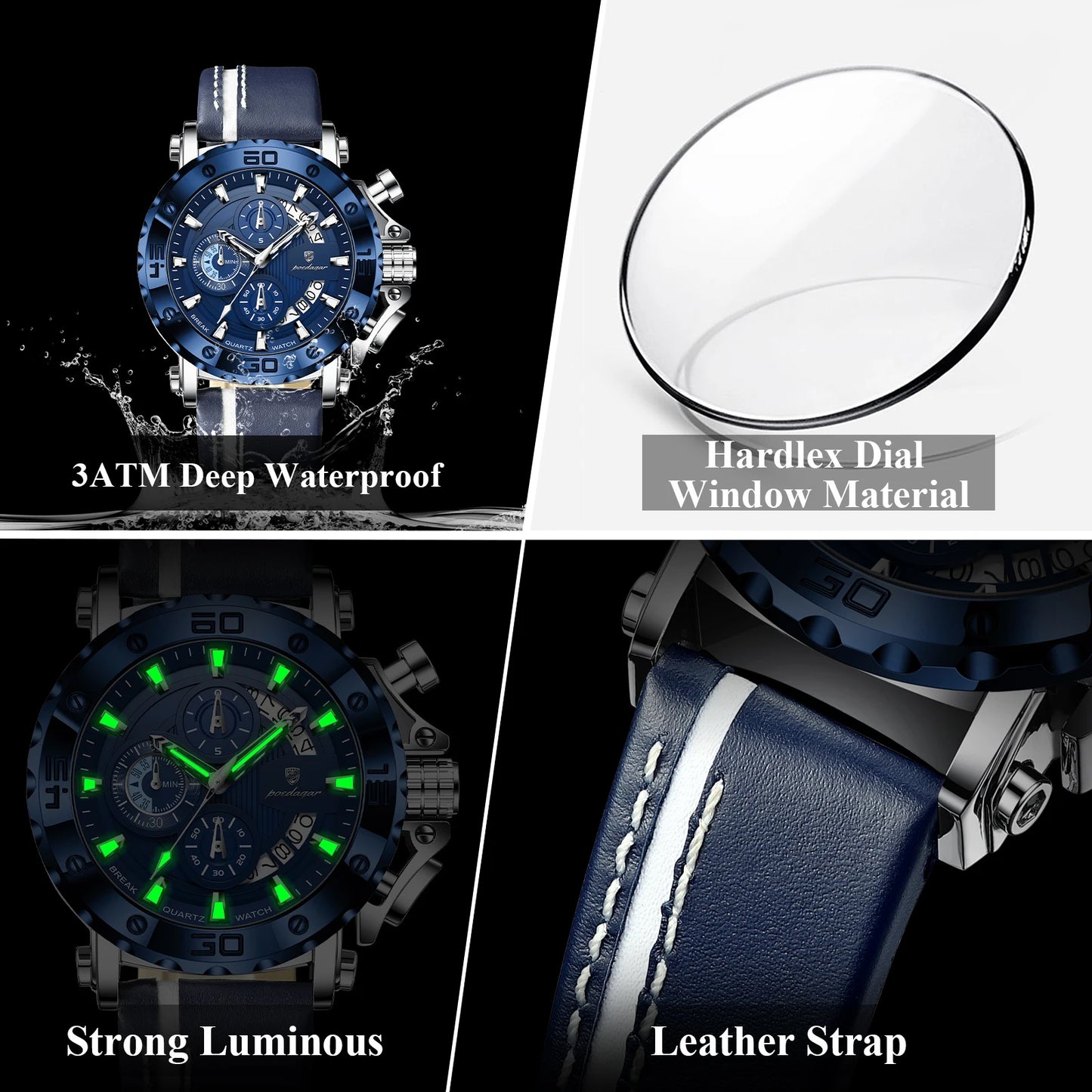 POEDAGAR High Quality Watch For Man Waterproof Luminous Date Fashion Men Clock Chronograph Leather Quartz Men's Watches Male+Box