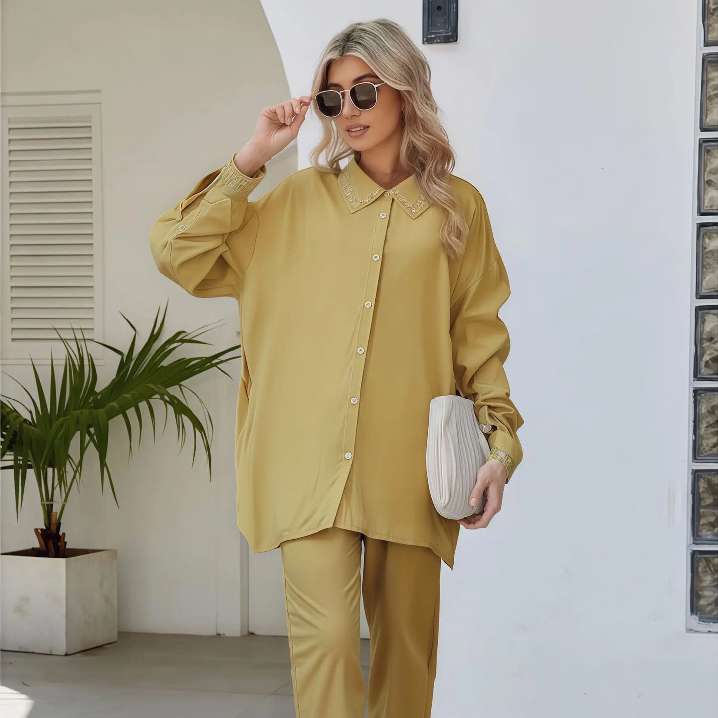 Femme Musulmane Ensembles Casual Women Solid Color Tops and Pants 2 Pieces Set Dubai Kaftan Abaya Islam Clothing Eid Shirt Suits