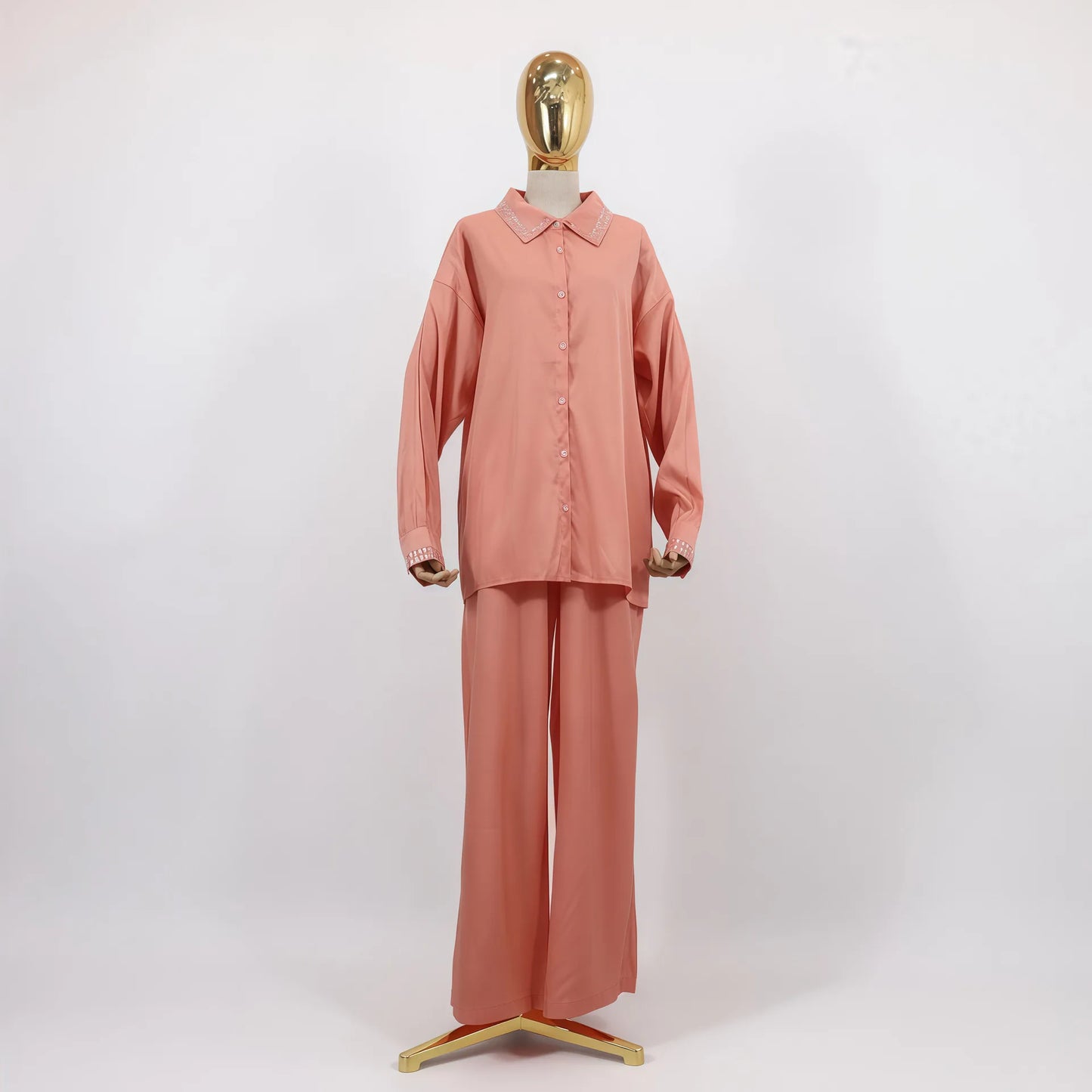 2PCS Women Solid Color Lapel Collar Shirt Pants Set Muslim Abaya Kaftan Islam Clothing Turkey Outfits Femme Musulmane Ensembles