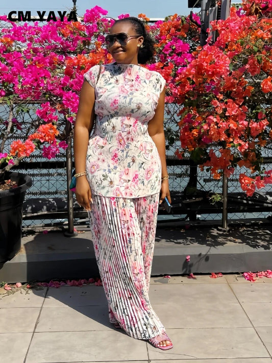 Women Set Floral Print Short Sleeve Pleated T-Shirt + Wide Leg Pants 2025 Street Sexy Two 2Piece Sets Outfits Tracksuit