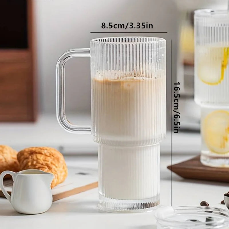 600ML Stripe Glass Coffee Cup With Handle And Lid Cover Straw Transparent Drinking Glasses For Juice Iced Coffee Mugs Drinkware