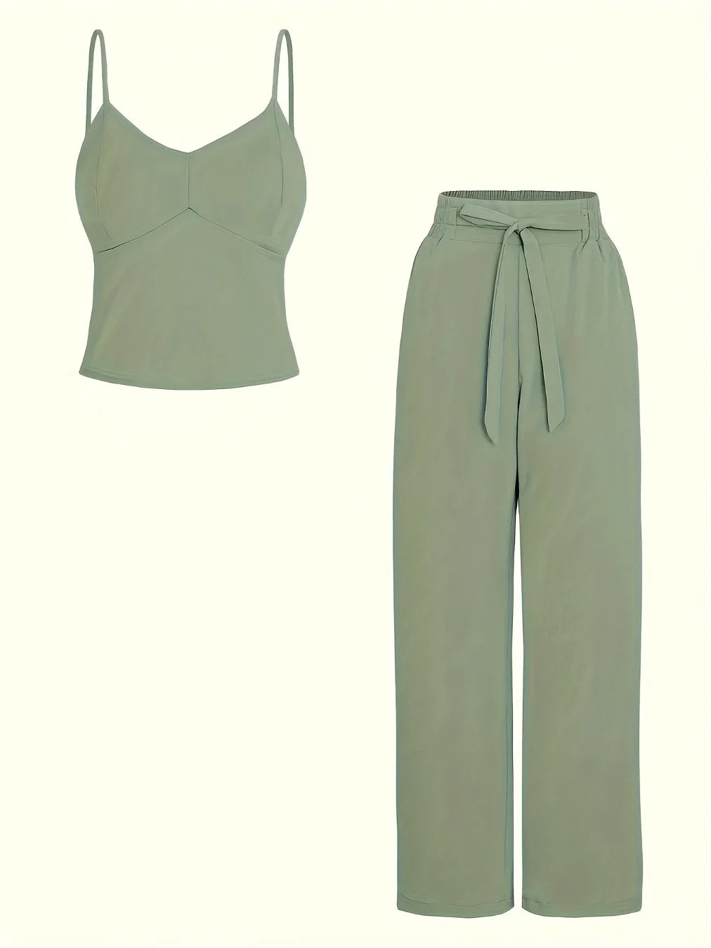 Ladies' Fashionable and Elegant Camisole Top + Elastic Waist Wide Leg Pants Set, Chest Cushion Design Solid Color Casual and Ele