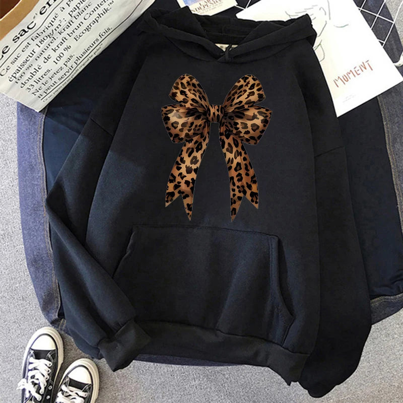 Plus Size Bow Heart Love Leopard Print Hoodies Long Sleeve Funny Sweatshirts Streetwear Women's Casual Graphic Hooded Pullovers