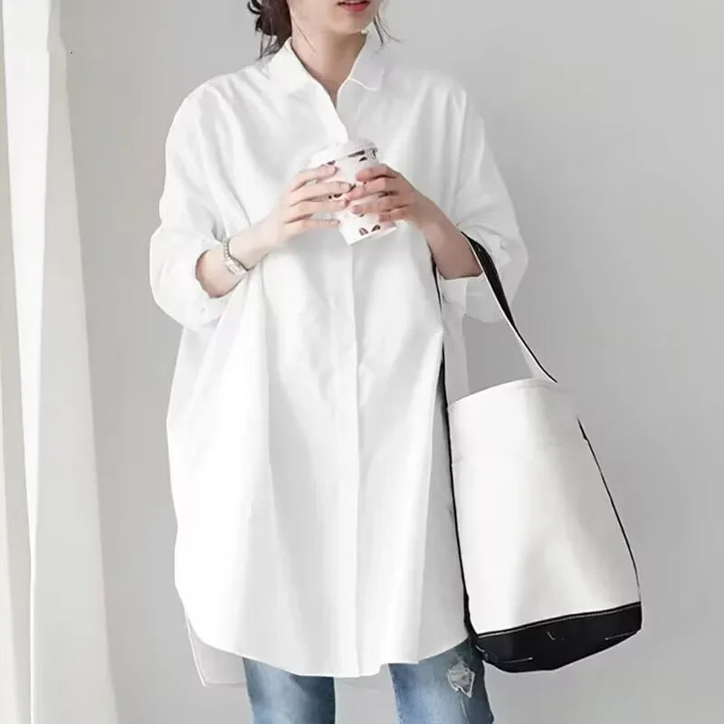 White Loose Long Sleeve Women's Shirt Lazy Design Sense Fashionable Midi New Style Button up Casual Office Wear
