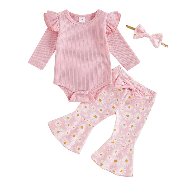 2024-05-23 Lioraitiin Baby Girl 3 Piece Fall Outfit, Long Sleeve Ribbed Romper Daisy Flare Pants Bow Headband