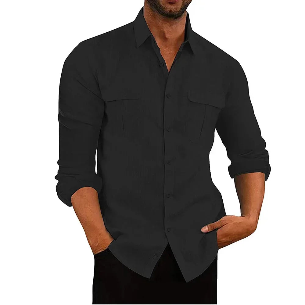 Men's New Cotton Linen Material Shirt Double Pocket Casual Breathable Long-sleeved Shirt Lapel Solid Colour Men's Tops