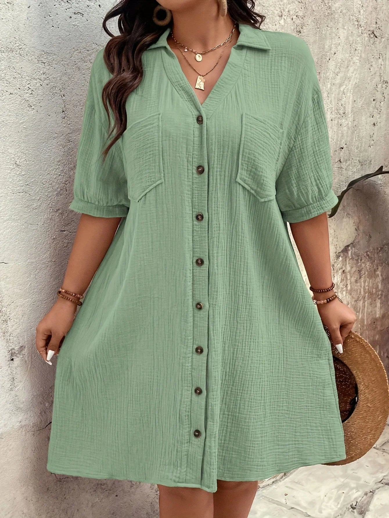 plus Size Casual Loose Women's Shirt Dress with Button-Up Collar Short Sleeve Commute Straight Cut Outdoor Dress