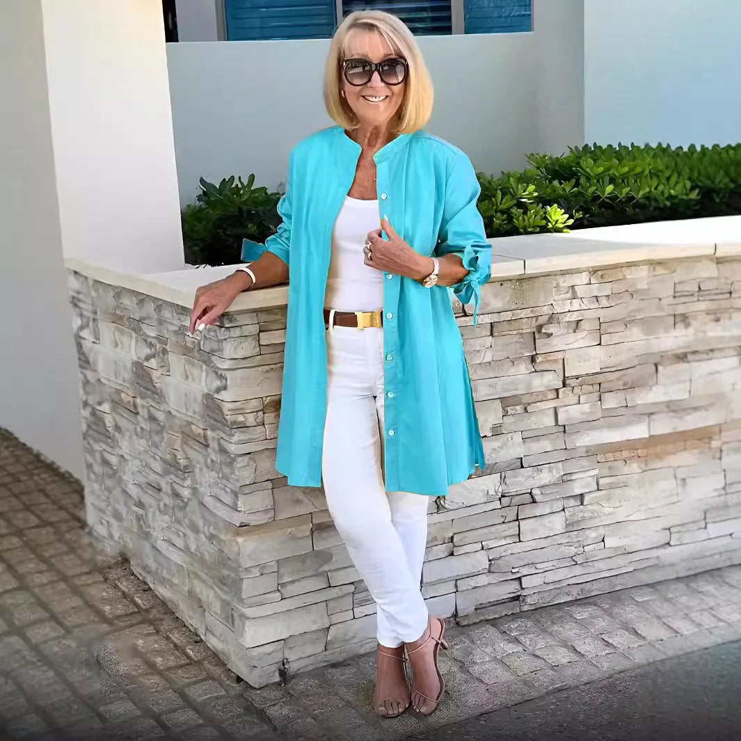 Single-button Turn-collar Elegant Commute Cardigan Shirts Solid Color Long-sleeve Cotton Shirt Slim Fit Blouses