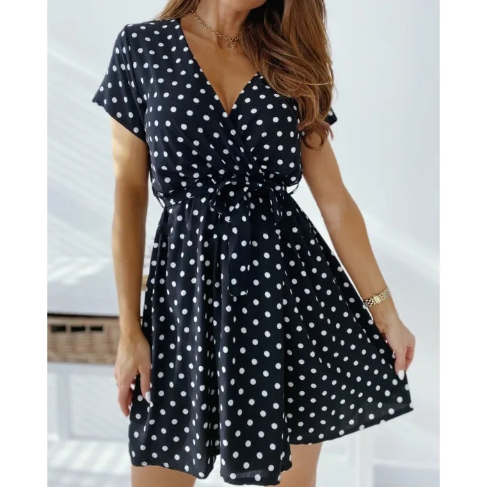 Summer New Sexy V-neck Polka Dot Print Short Sleeve Waist-cinching Dress Sweet Bohemian Style H-shaped Single Piece Dress