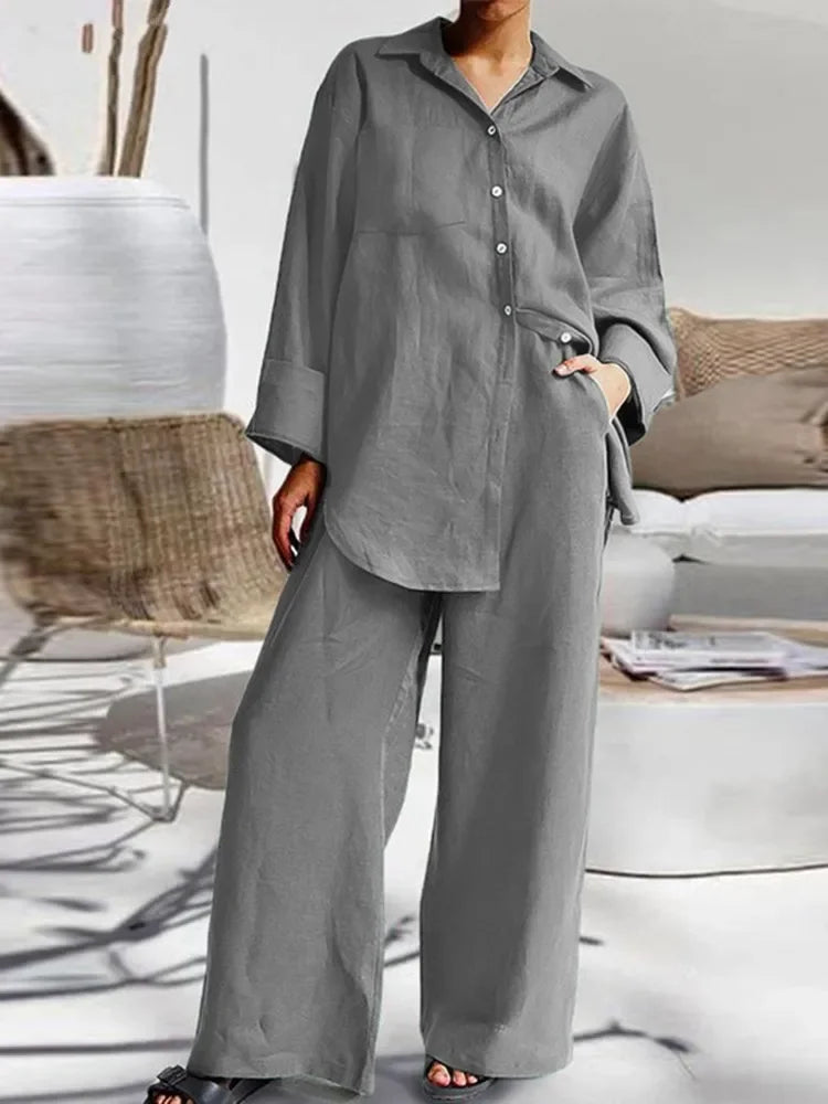 2024 Autumn New Women's Cotton and Hemp Set Solid Color Collar Shirt High Waist Wide Leg Pants Elegant Two Piece Set