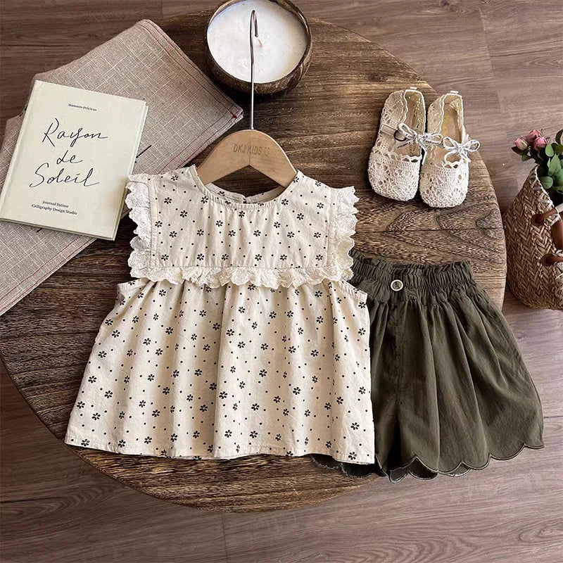 3-7Y Kids Girls Outfits Summer Floral Print Sleeveless Top and Ruffled Shorts Sets Lace Trim Soft Children Vocation Clothing