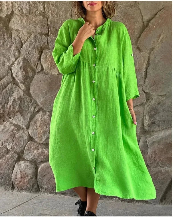 Casual Cotton Linen Long One-piece Pure Color Button-down Women's Dress Cross-border New Style Ankle-length Regular Sleeve