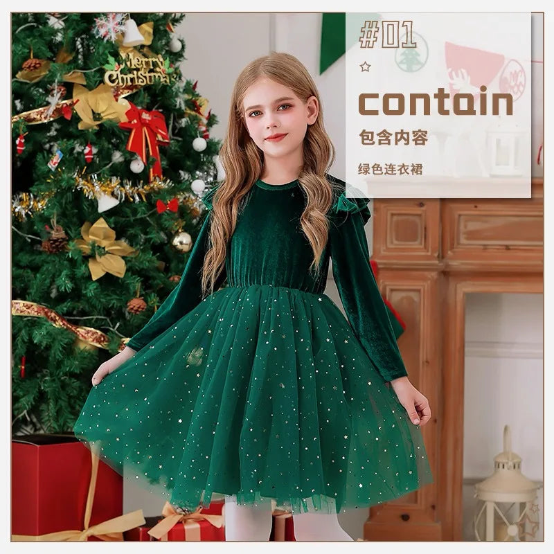 2025 Ruffle Style Long-sleeved Stars Mesh Spliced Dress Princess Christmas Party Performance Clothes Children's Winter Clothing