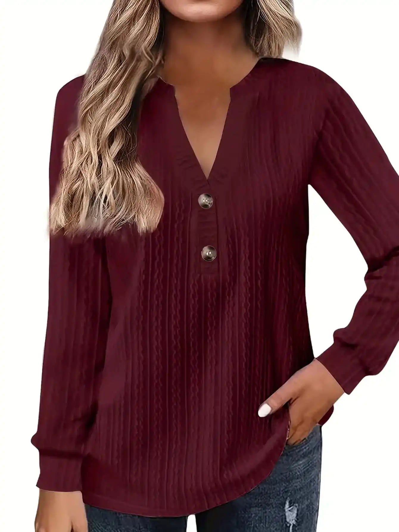 Plus size casual top  women's wide solid color chunky knit long sleeve button detail V-neck slightly elastic elegant top shirt