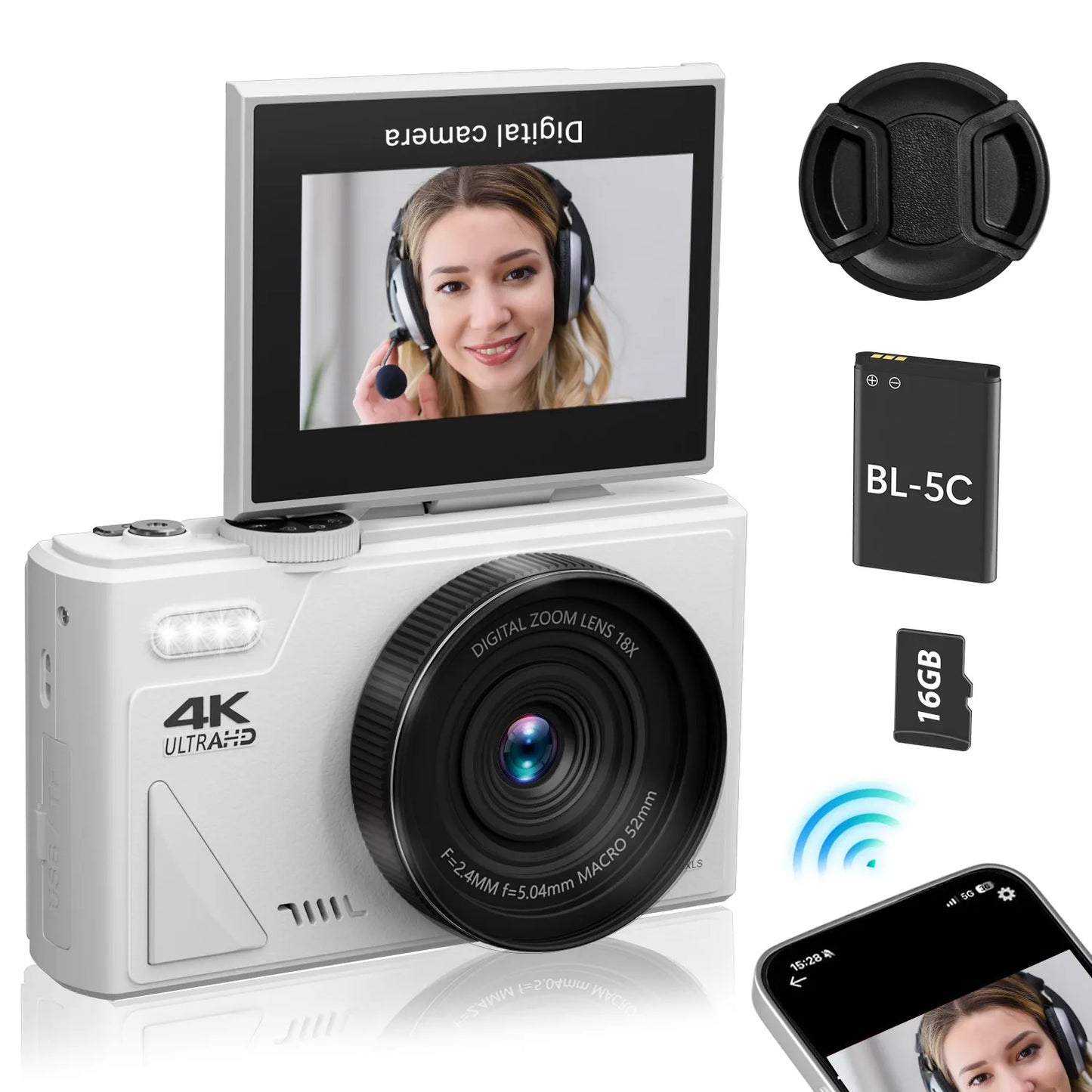 Compact 4K Digital Camera 64MP 18X Zoom for Photography Vlogging YouTube 3'' Flip Screen Flash