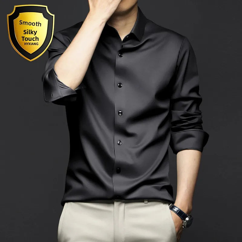 Business Casual Men's Long Sleeve Shirt Anti-Wrinkle Iron-Free Premium Ice Silk Black Slim Fit Polyester Fiber Square Collar