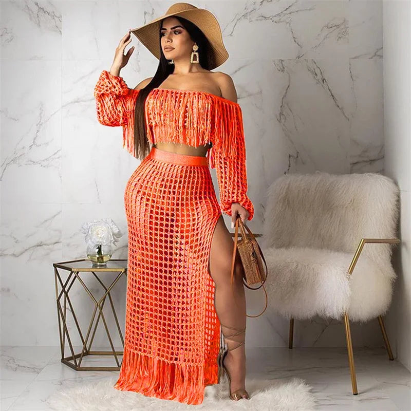 Fringed Tassel 2 Piece Sets Women Outfit Beach Wear Vacation Knitted Crochet Hollow Out See Through Crop Top and Long Skirt Sets