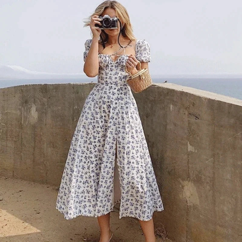 2025 Summer Sweet Ruffle Dress Vintage Floral Printed Dressess for Women French Elegant Square Collar Backless Dress 20472