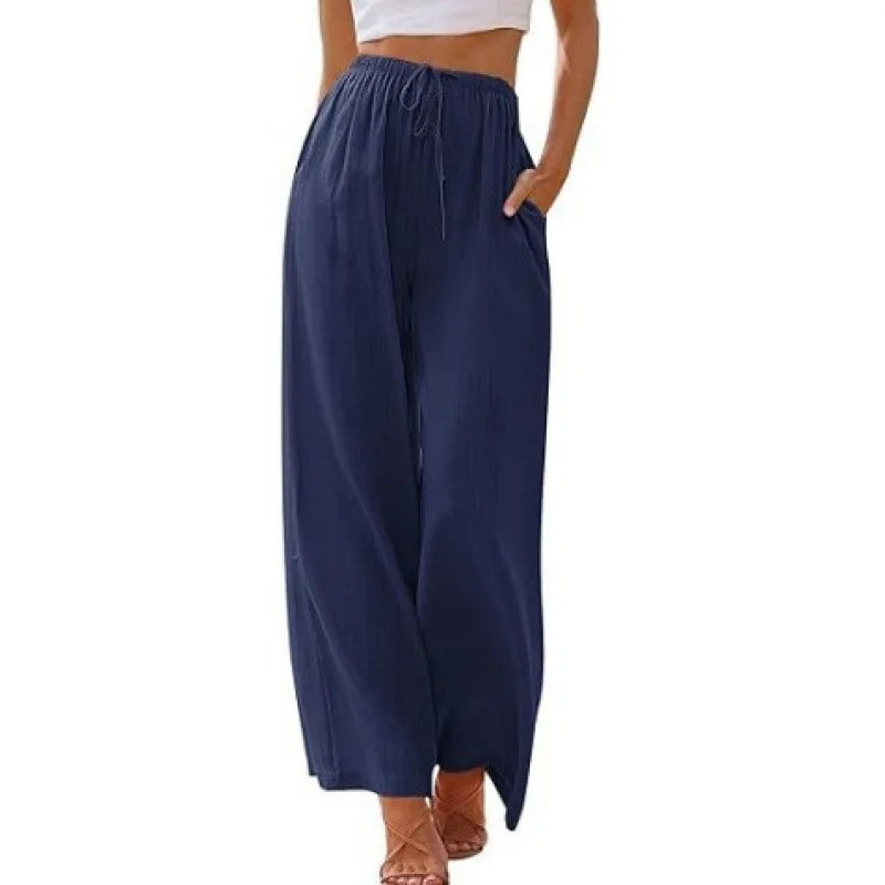 Women's Summer Linen Wide Leg Pants High Waist Elastic Drawstring Casual Loose Palazzo Trousers with Pockets