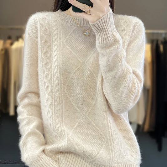 100% Cashmere Sweater Women's Half Turtle Collar Jacquard Long Sleeve Loose Thickened Sweater Autumn and Winter Casual Knitted B