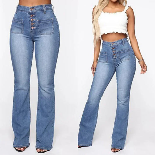 2025 Button Fly Wide Leg Jeans Women's Elastic High Waist Skinny Denim Long Pants Casual Slim Spring Pocket Trousers Streetwear