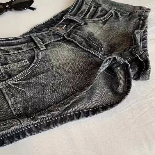 Vintage Denim Shorts Women Summer Black Grey Washed Low Waist Elastic Skinny Hot Shorts Jeans