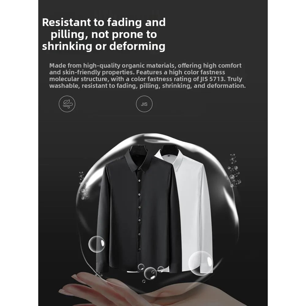 Business Casual Men's Long Sleeve Shirt Anti-Wrinkle Iron-Free Premium Ice Silk Black Slim Fit Polyester Fiber Square Collar