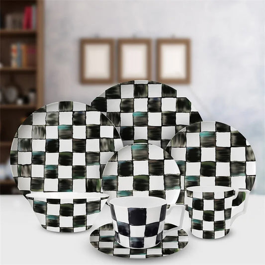 Black White Checkerboard Ceramic Dinner Plate Bone China Coffee Cup and Saucer Western Food Dishes Home Elegant Tableware Mug