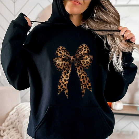 Plus Size Bow Heart Love Leopard Print Hoodies Long Sleeve Funny Sweatshirts Streetwear Women's Casual Graphic Hooded Pullovers
