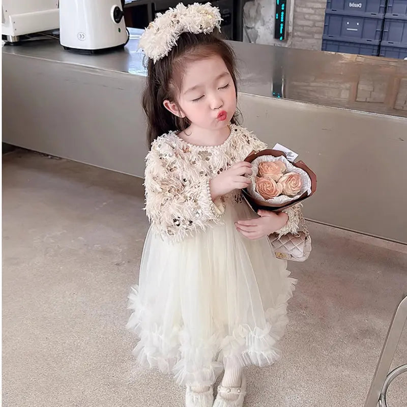 Winter New Girl's Dresses 2024 With Tassels Sequins Studded Beads Plush And Thickened Princess Dress Birthday Dress With Bow