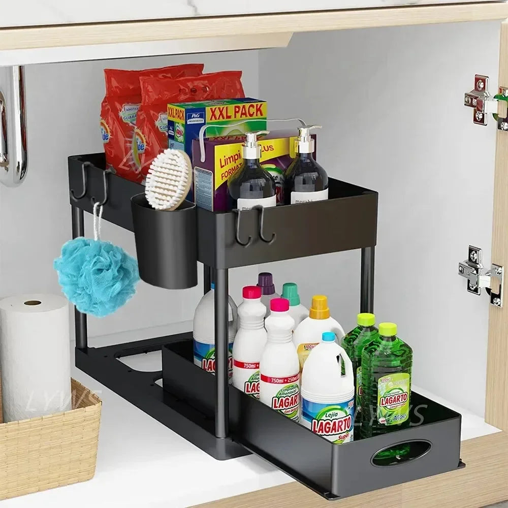 2 Tier Under Sink Sliding Cabinet Basket Organizer Storage Rack with Hooks Hanging Cup Bathroom Multifunctional Storage Rack