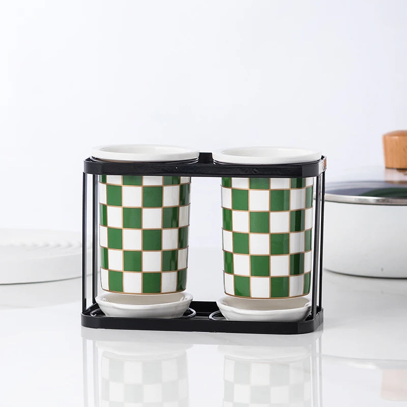Checkerboard Ceramic Chopsticks Holder Drain Rack Chopsticks Basket Chopsticks Box Cutlery Box Storage Rack Wall-mounted Shelf