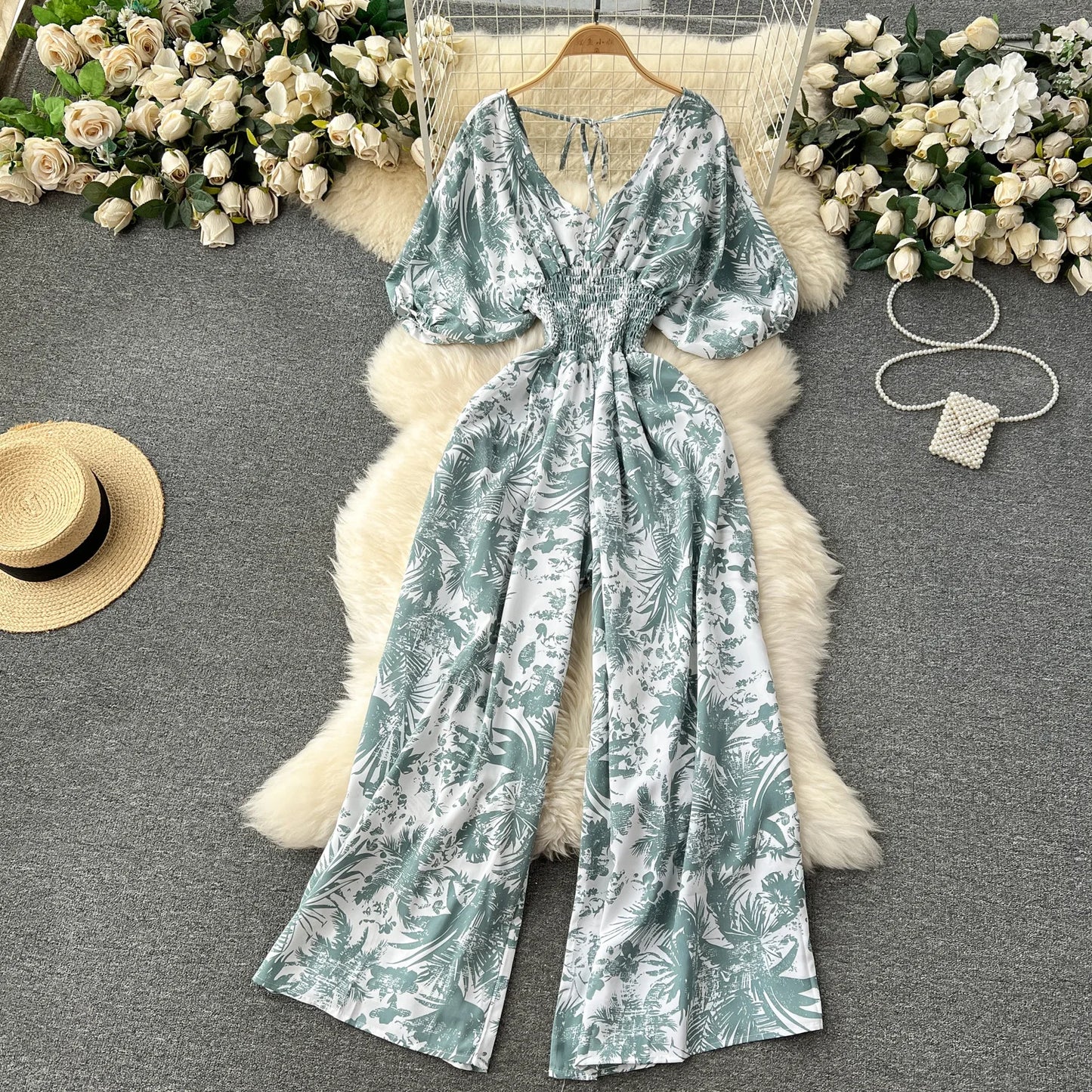V Neck Sexy Dolman Sleeves Waist Slim Polka Dot Print Jumpsuit Women Wide Leg Trousers Jumpsuit