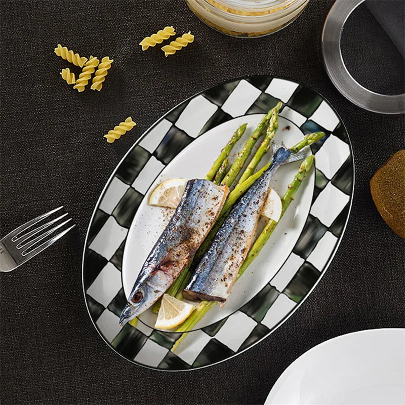 Black White Checkerboard Ceramic Dinner Plate Bone China Coffee Cup and Saucer Western Food Dishes Home Elegant Tableware Mug