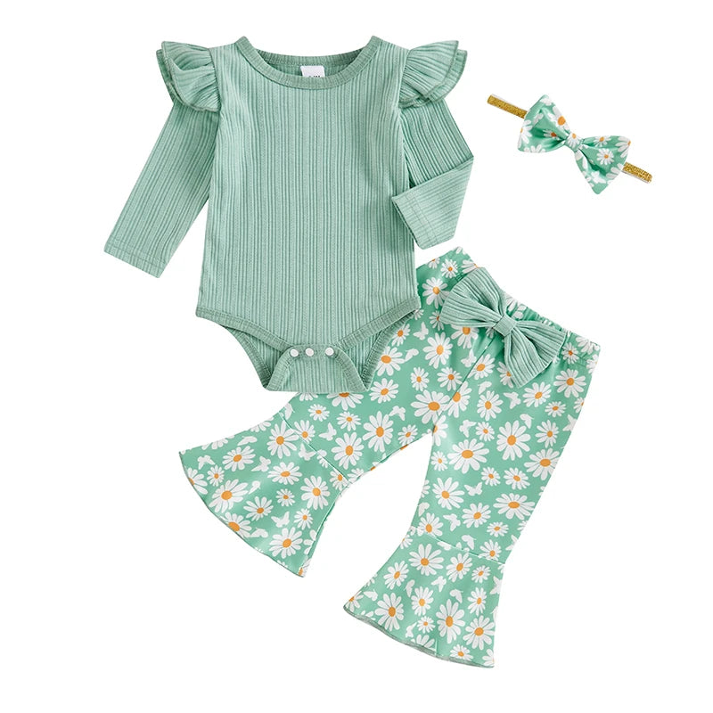 2024-05-23 Lioraitiin Baby Girl 3 Piece Fall Outfit, Long Sleeve Ribbed Romper Daisy Flare Pants Bow Headband