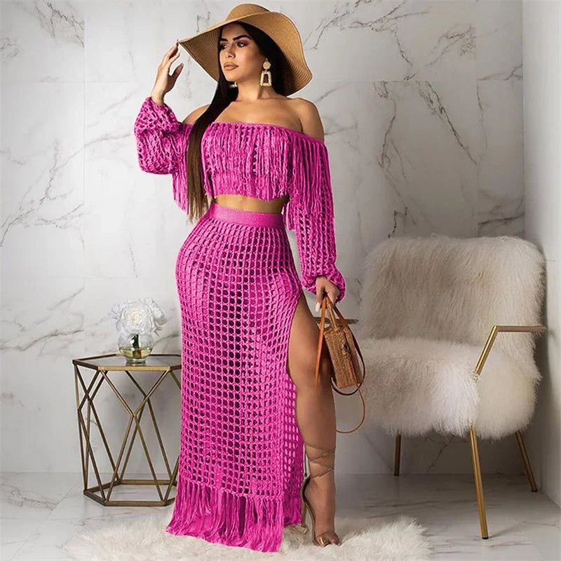 Fringed Tassel 2 Piece Sets Women Outfit Beach Wear Vacation Knitted Crochet Hollow Out See Through Crop Top and Long Skirt Sets