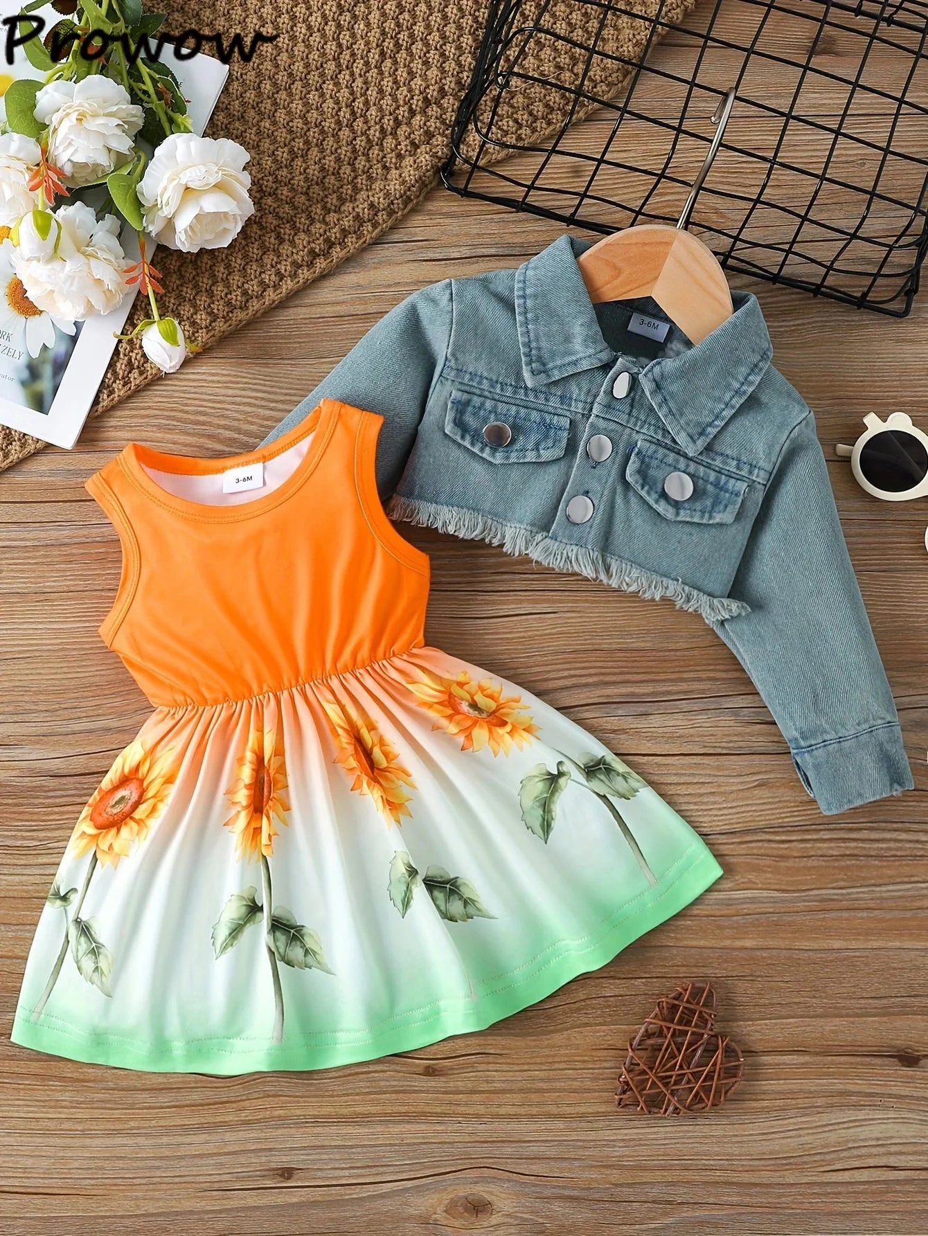 Prowow Fall Winter Baby Girl Denim Outfit Set Turn-down Collar Jeans Jacket+Deer Printed Dress Newborn Baby Birth Clothing