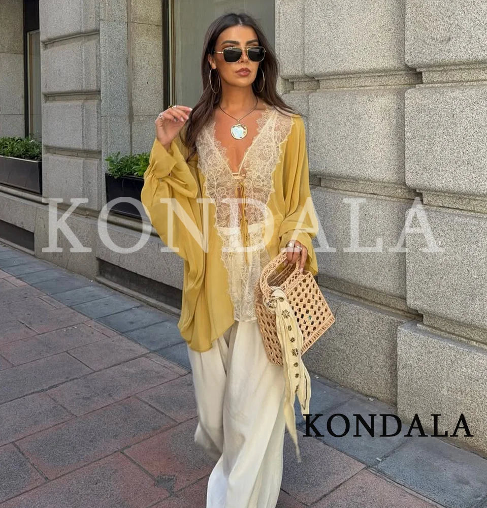 KONDALA Women Trendy Patchwork Lace See-Through Shirts V-Neck Lace-up Blouse New Fashion 2026 Spring Summer Elegant Lady Shirts