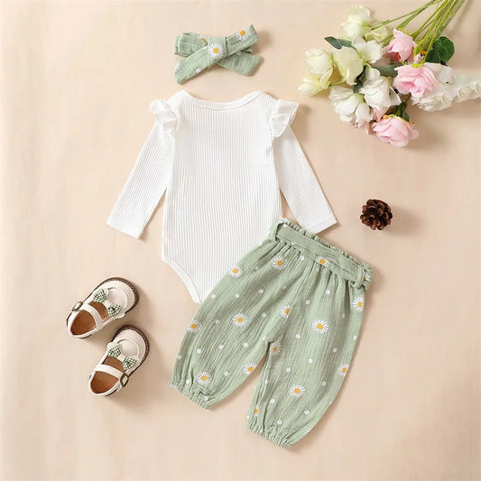 Citgeett Spring Infant Baby Girls Pants Sets White Long Sleeve Ruffle Romper Daisy Print Belted Pants Headband Autumn Sets