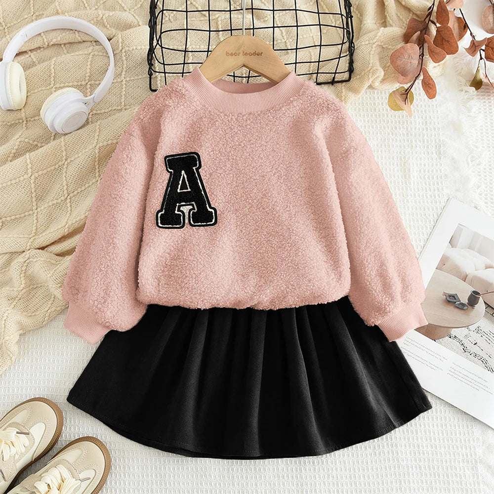 Bear Leader Autumn Winter Korean Version Beige Girls' Set Casual Kids Clothes Bow Fleece Long Sleeved Top + Black Short Skirt