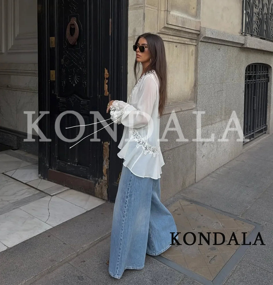 KONDALA Chic Lace Crochet Splicing See-through Shirts Women Elegant Leisure Lace-up Shirts 2026 Summer Trendy Lady Ruffles Shirt