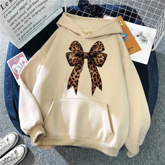 Plus Size Bow Heart Love Leopard Print Hoodies Long Sleeve Funny Sweatshirts Streetwear Women's Casual Graphic Hooded Pullovers