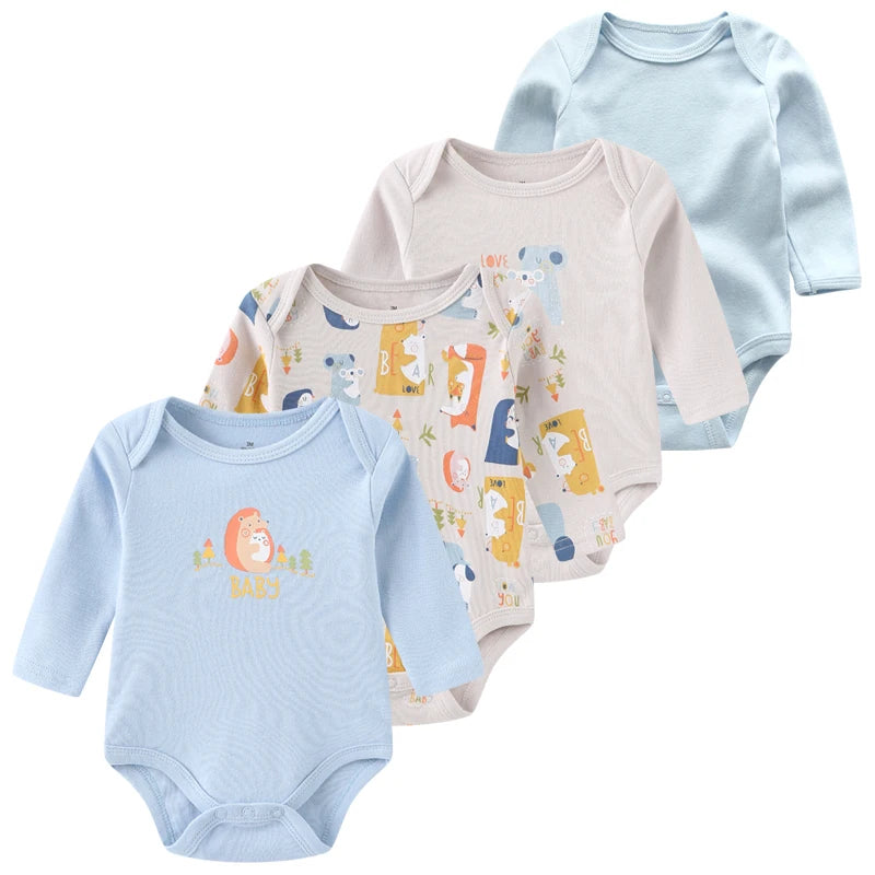 4Pieces Unisex Cotton Baby Girl Clothes New Born Long Sleeve Baby Boy Clothes Sets Print Anmial Bodysuit Solid Color Bebes
